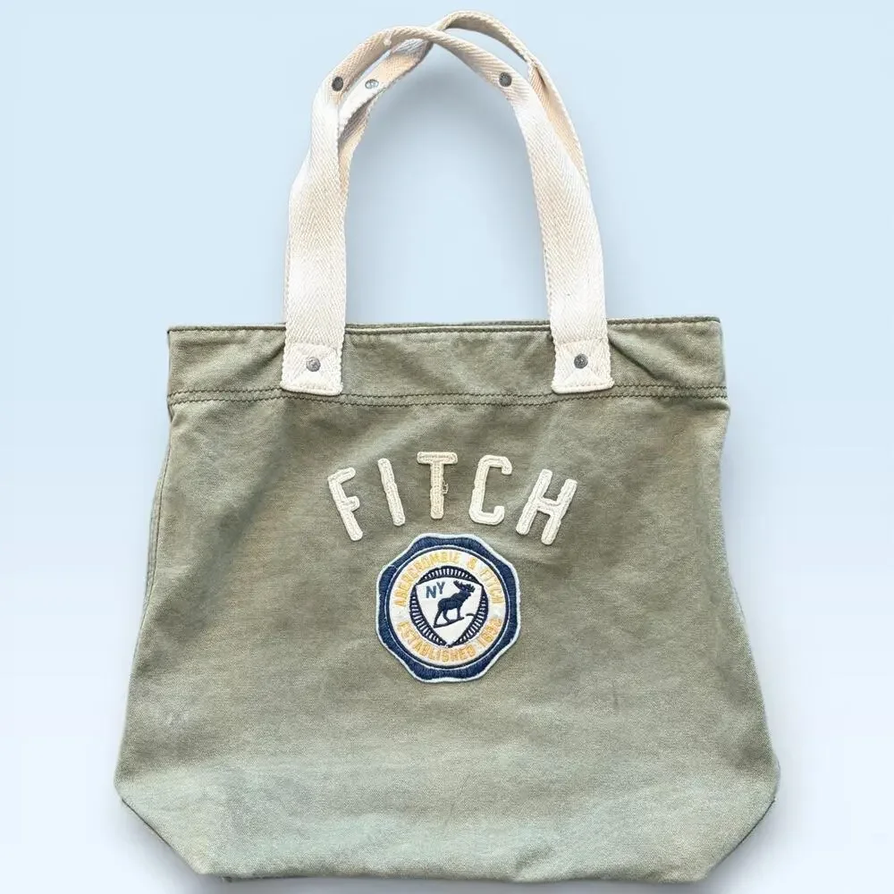 Abercrombie & Fitch Tote Bag Womens Medium Green Canvas Logo Patch Embroidered